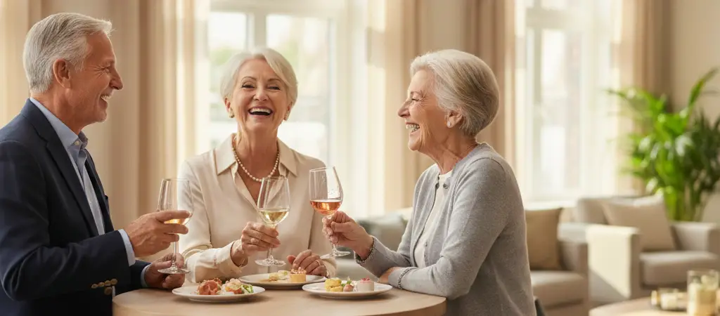Senior residents enjoying wine and conversation at The Sinclair